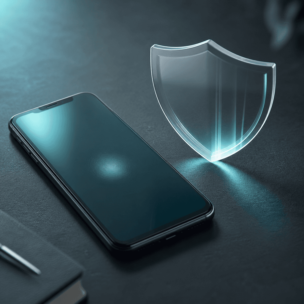 Smartphone em mesa com visual de proteção e validação de IMEI